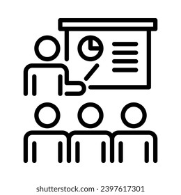 Presentation icon. Teacher stands in front of the board with a group of students. Outline style. Vector. Isolate on white background.