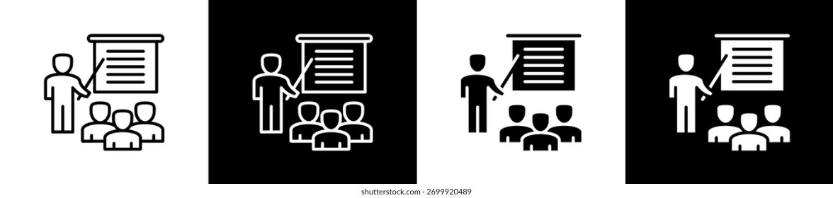 Variaciones del icono de presentación en estilo de línea y glifo sobre fondo blanco y negro
