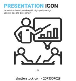 Vector de icono de presentación con estilo de contorno aislado en fondo blanco. Ilustración de vectores símbolo de firma de reunión concepto de icono para negocios, finanzas, industria, empresa, aplicaciones, web y todo el proyecto