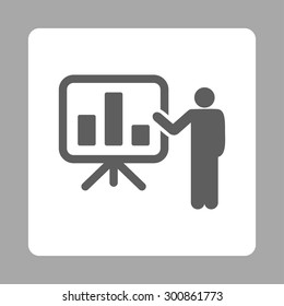 Presentation icon. Vector style is dark gray and white colors, flat rounded square button on a silver background.