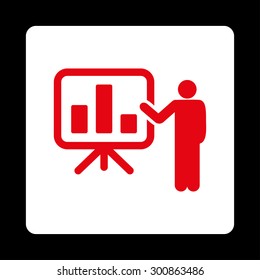 Presentation icon. Vector style is red and white colors, flat rounded square button on a black background.