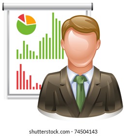 presentation icon - whiteboard with reports and presenter