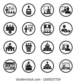 Presentation Icons. Black Flat Design In Circle. Vector Illustration.