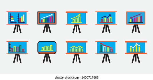 Presentation icons with different blue backgrounds and diagrams