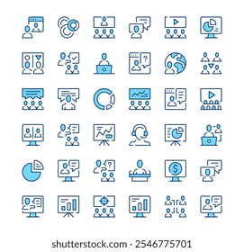 Presentation icons. Outline symbols. Vector blue line icons set