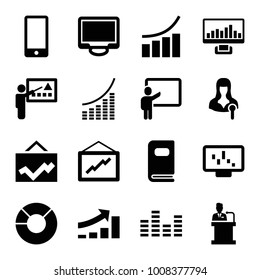 Presentation icons. set of 16 editable filled presentation icons such as graph, graph on display, teacher, pie chart, woman speaker, display, speaker, phone, equalizer