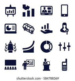 presentation icons set. Set of 16 presentation filled icons such as lottery, graph, woman speaker, TV speaker, equalizer, meeting, speaker, phone, chart, chart on display