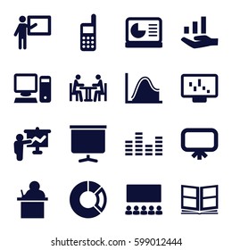 presentation icons set. Set of 16 presentation filled icons such as board, meeting, phone, equalizer, photo album, pc, chart on display, graph on hand, pie chart, classroom