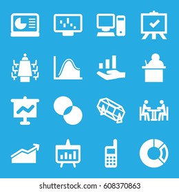 Presentation icons set. set of 16 presentation filled icons such as lottery, board, circle intersection, meeting, phone, pc, chart, chart on display, graph on hand, pie chart