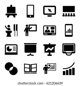 Presentation icons set. set of 16 presentation filled icons such as board, graph, circle intersection, TV speaker, display, phone, photo album, chart on display, teacher