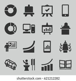 Presentation icons set. set of 16 presentation filled icons such as board, lottery, graph, meeting, phone, photo album, pc, chart, teacher, pie chart, speaker