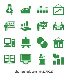 Presentation icons set. set of 16 presentation filled icons such as board, graph, circle intersection, woman speaker, display, meeting, speaker, equalizer, photo album, pc