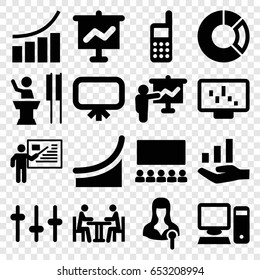 Presentation icons set. set of 16 presentation filled icons such as board, graph, woman speaker, equalizer, meeting, phone, pc, teacher, graph on hand, pie chart, classroom