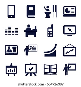 Presentation icons set. set of 16 presentation filled icons such as board, table, graph, tv speaker, phone, equalizer, photo album, chart, chart on display, teacher