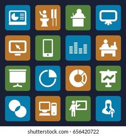 Presentation icons set. set of 16 presentation filled icons such as board, table, circle intersection, woman speaker, phone, pie chart, equalizer, pc, chart on display