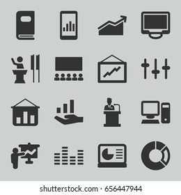 Presentation icons set. set of 16 presentation filled icons such as graph, equalizer, display, speaker, photo album, pc, chart on display, graph on hand, pie chart, classroom