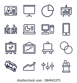 presentation icons set. Set of 16 presentation outline icons such as board, lottery, circle intersection, graph, TV speaker, equalizer, meeting, speaker, phone, pie chart, pc