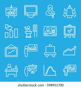 presentation icons set. Set of 16 presentation outline icons such as board, graph, table, woman speaker, TV speaker, display, meeting, chart, teacher
