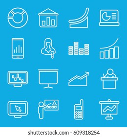 Presentation icons set. set of 16 presentation outline icons such as graph, woman speaker, board, phone, equalizer, chart on display, teacher, chart, graph on display