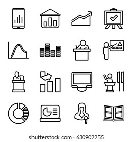 Presentation icons set. set of 16 presentation outline icons such as graph, board, woman speaker, display, speaker, equalizer, photo album, chart on display, teacher, chart