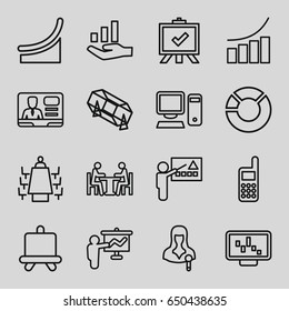 Presentation icons set. set of 16 presentation outline icons such as board, lottery, graph, woman speaker, tv speaker, meeting, phone, pc, graph on hand, chart