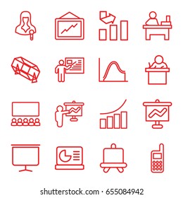 Presentation icons set. set of 16 presentation outline icons such as board, lottery, graph, table, woman speaker, phone, chart on display, teacher, graph on board