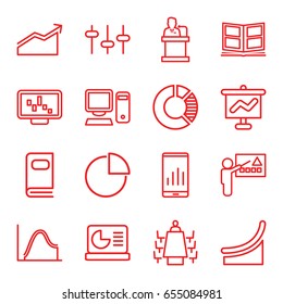 Presentation icons set. set of 16 presentation outline icons such as equalizer, meeting, speaker, pie chart, photo album, pc, chart on display, chart, graph on display