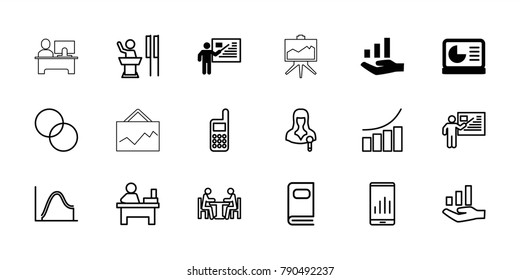 Presentation icons. set of 18 editable outline presentation icons: chart on display, teacher, graph on hand, graph, table, circle intersection, graph on display, woman speaker