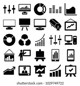 Presentation icons. set of 25 editable filled presentation icons such as board, graph, teacher, graph on display, graph on board, pie chart, equalizer, pc, chart, lottery