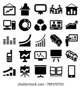 Presentation icons. set of 25 editable filled presentation icons such as board, lottery, graph, teacher, graph on display, graph on board, pie chart, tv speaker, meeting