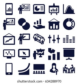 Presentation icons set. set of 25 presentation filled icons such as lottery, graph, circle intersection, woman speaker, equalizer, board, meeting, phone, chart
