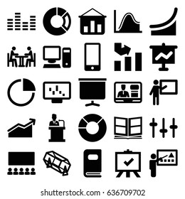 Presentation icons set. set of 25 presentation filled icons such as lottery, graph, board, tv speaker, equalizer, meeting, speaker, phone, pie chart, photo album, pc, teacher