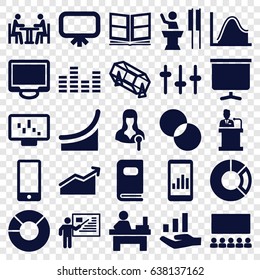 Presentation icons set. set of 25 presentation filled icons such as board, lottery, table, circle intersection, woman speaker, equalizer, display, meeting, speaker, phone