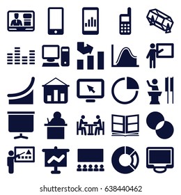 Presentation icons set. set of 25 presentation filled icons such as lottery, graph, circle intersection, tv speaker, display, board, meeting, phone, pie chart, equalizer