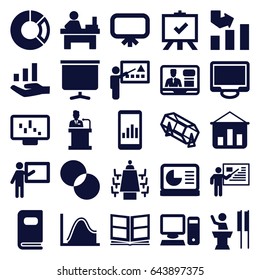 Presentation icons set. set of 25 presentation filled icons such as board, lottery, graph, table, circle intersection, tv speaker, display, meeting, speaker, photo album, pc