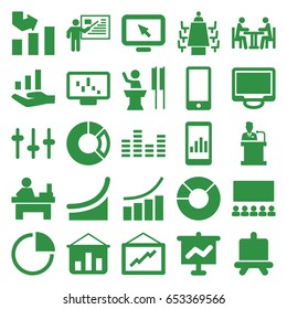Presentation icons set. set of 25 presentation filled icons such as board, graph, table, equalizer, display, meeting, speaker, phone, pie chart, teacher, graph on hand