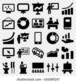 Presentation icons set. set of 25 presentation filled icons such as board, lottery, graph, table, tv speaker, equalizer, speaker, phone, photo album, teacher, graph on hand
