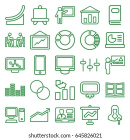 Presentation icons set. set of 25 presentation outline icons such as board, graph, circle intersection, woman speaker, tv speaker, equalizer, display, meeting, phone