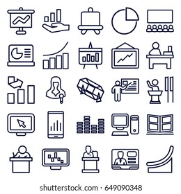 Presentation icons set. set of 25 presentation outline icons such as board, lottery, graph, table, woman speaker, tv speaker, speaker, pie chart, equalizer, photo album, pc