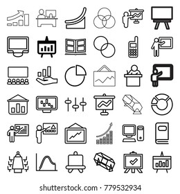 Presentation icons. set of 36 editable outline presentation icons such as chart, board, lottery, circle intersection, graph, teacher, graph on display, pie chart, classroom