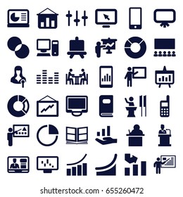 Presentation icons set. set of 36 presentation filled icons such as board, graph, circle intersection, woman speaker, tv speaker, equalizer, display, meeting, speaker, phone