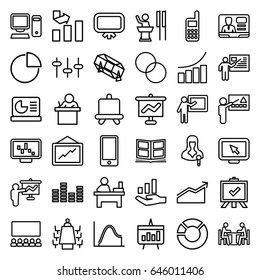 Presentation icons set. set of 36 presentation outline icons such as board, lottery, graph, table, circle intersection, woman speaker, tv speaker, equalizer, meeting, phone