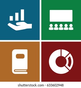 Presentation icons set. set of 4 presentation filled icons such as photo album, graph on hand, pie chart