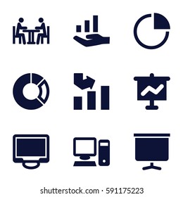 presentation icons set. Set of 9 presentation filled icons such as graph, display, board, meeting, pie chart, pc, graph on hand