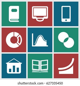 Presentation icons set. set of 9 presentation filled icons such as circle intersection, display, phone, photo album, pie chart, graph, chart
