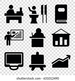 Presentation icons set. set of 9 presentation filled icons such as board, table, display, photo album, teacher, chart, speaker