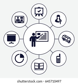 Presentation icons set. set of 9 presentation filled icons such as lottery, board, woman speaker, tv speaker, phone, pie chart, photo album