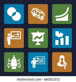Presentation icons set. set of 9 presentation filled icons such as lottery, graph, circle intersection, woman speaker, meeting, teacher, chart