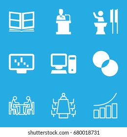 Presentation icons set. set of 9 presentation filled and outline icons such as circle intersection, speaker, photo album, pc, graph, meeting