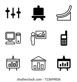 Presentation icons set. set of 9 presentation filled and outline icons such as board, equalizer, phone, chart, pc, graph on board